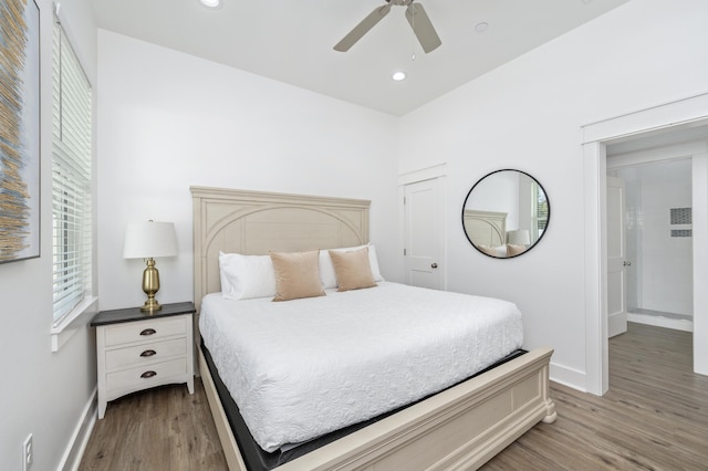 bedroom featuring light wood-style floors, ceiling fan, baseboards, and recessed lighting