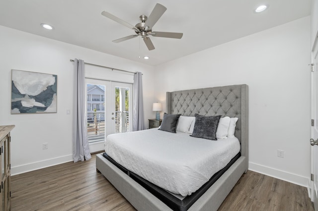 bedroom featuring recessed lighting, wood finished floors, baseboards, access to outside, and french doors