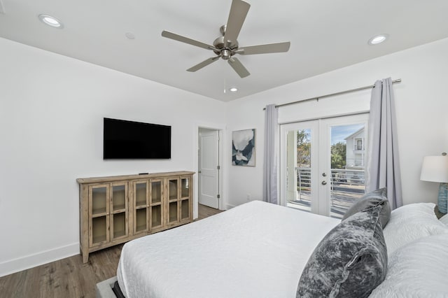 bedroom with baseboards, dark wood-style flooring, access to exterior, french doors, and recessed lighting