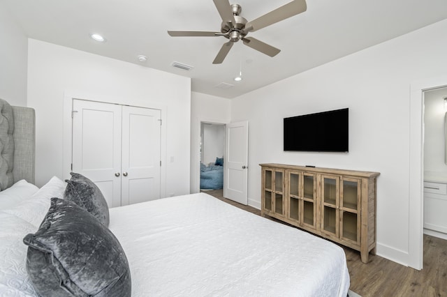 bedroom with recessed lighting, wood finished floors, a ceiling fan, visible vents, and a closet