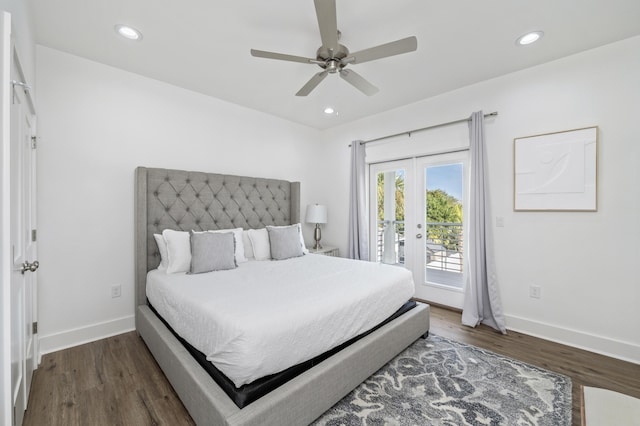 bedroom with access to exterior, recessed lighting, and dark wood-type flooring