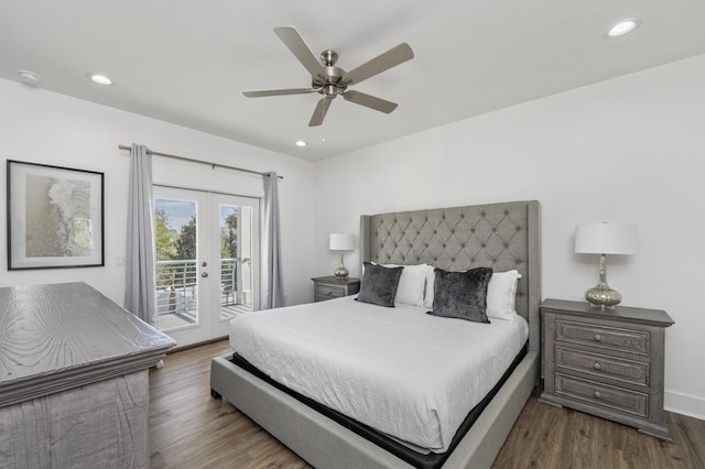 bedroom with recessed lighting, dark wood-type flooring, a ceiling fan, access to exterior, and french doors