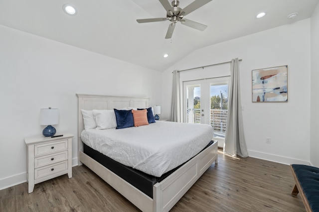 bedroom with lofted ceiling, access to exterior, wood finished floors, and french doors