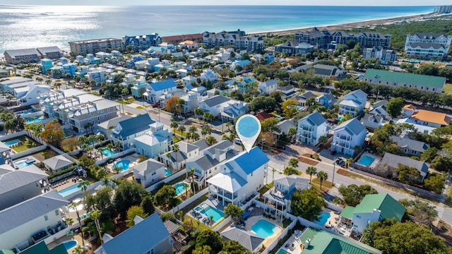 aerial view featuring a water view and a residential view