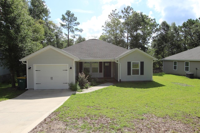 ranch-style home with a garage, central air condition unit, and a front yard