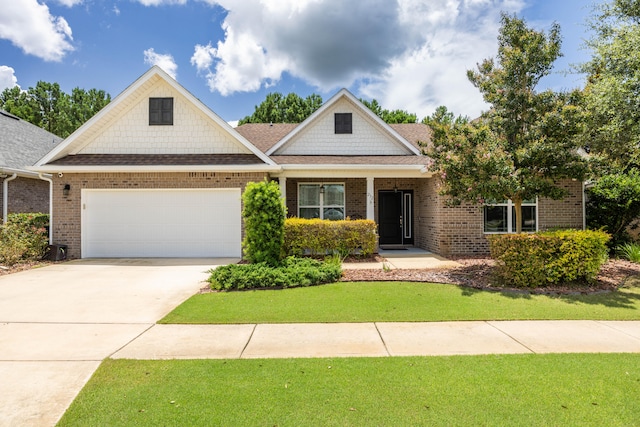 view of front of property with a front yard and a garage