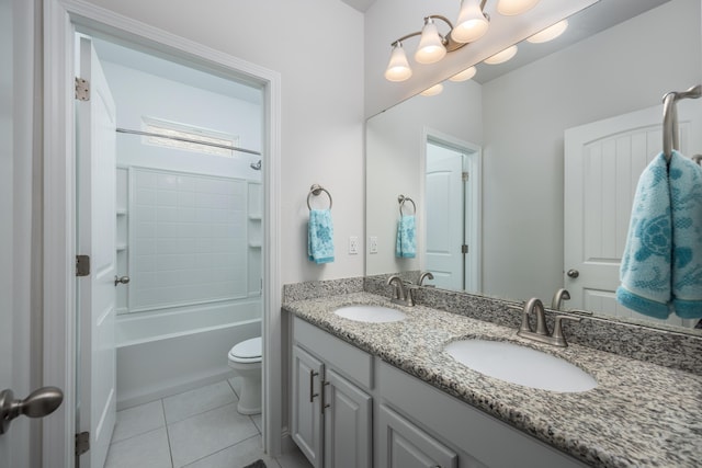 full bathroom with toilet, tile patterned floors, bathing tub / shower combination, and vanity