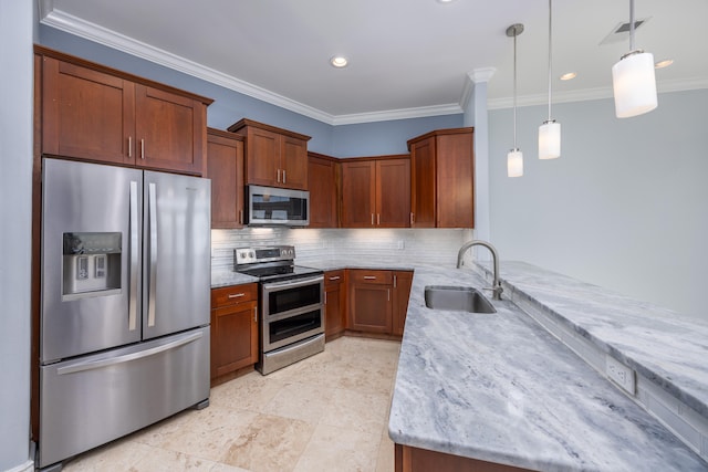 kitchen featuring backsplash, sink, ornamental molding, decorative light fixtures, and stainless steel appliances