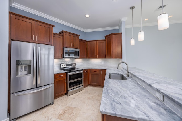 kitchen with appliances with stainless steel finishes, tasteful backsplash, light stone counters, decorative light fixtures, and sink