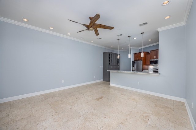 unfurnished living room with ceiling fan, light tile patterned flooring, and ornamental molding