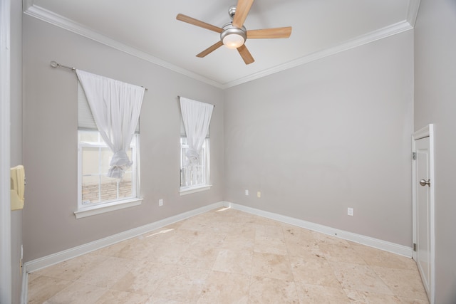 empty room featuring ceiling fan, ornamental molding, and tile patterned floors