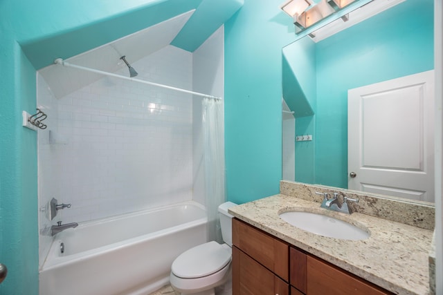 full bathroom featuring toilet, vanity, and shower / bathtub combination with curtain