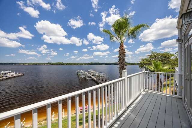 wooden terrace with a water view and a boat dock