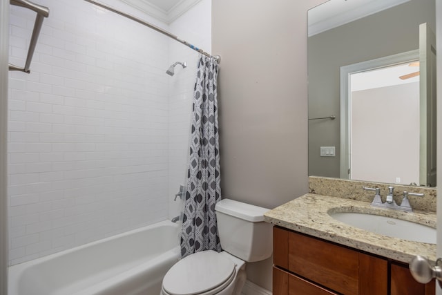 full bathroom with shower / tub combo with curtain, toilet, ornamental molding, and vanity