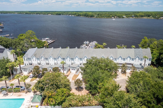 bird's eye view with a water view