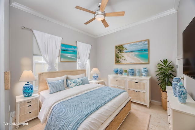 bedroom with crown molding and ceiling fan