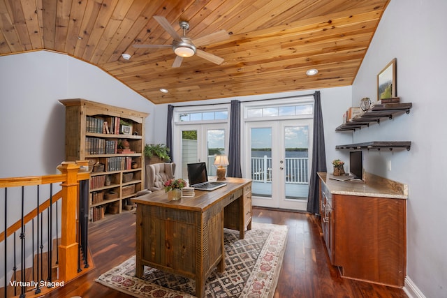 office space featuring french doors, dark hardwood / wood-style flooring, wooden ceiling, and lofted ceiling