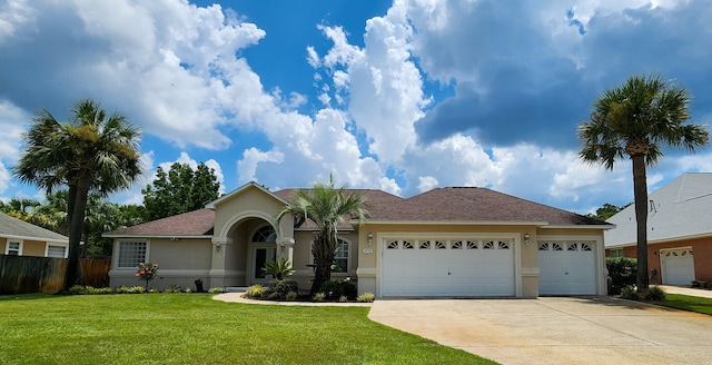 single story home with a garage and a front lawn