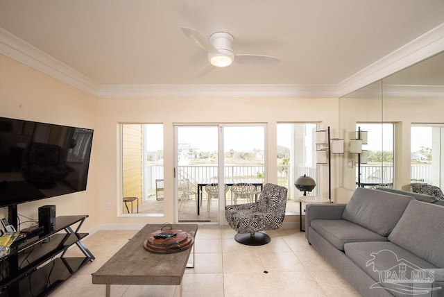 living room featuring crown molding, ceiling fan, and light tile patterned flooring