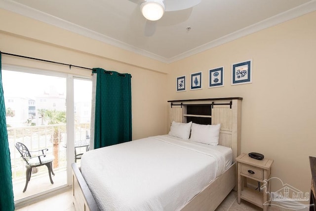 bedroom with access to exterior, crown molding, and ceiling fan