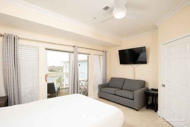 tiled bedroom with ceiling fan, ornamental molding, and access to exterior