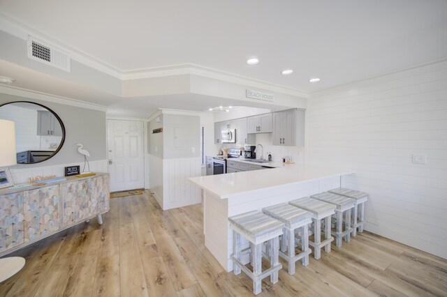 kitchen with gray cabinetry, appliances with stainless steel finishes, light hardwood / wood-style floors, and kitchen peninsula