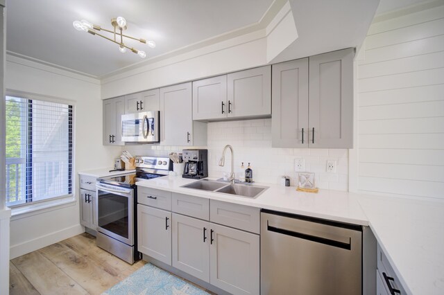 kitchen featuring gray cabinetry, light hardwood / wood-style flooring, stainless steel appliances, and sink