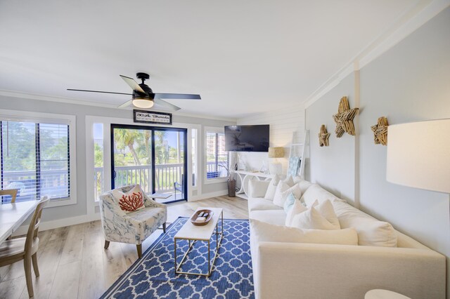 living room with ceiling fan, ornamental molding, and light hardwood / wood-style floors