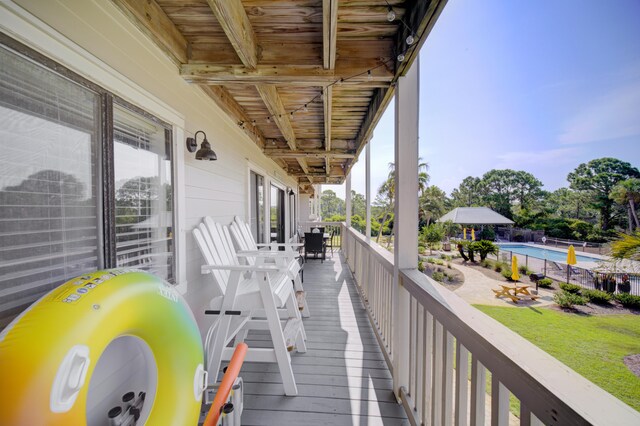 balcony with a fenced in pool and a grill