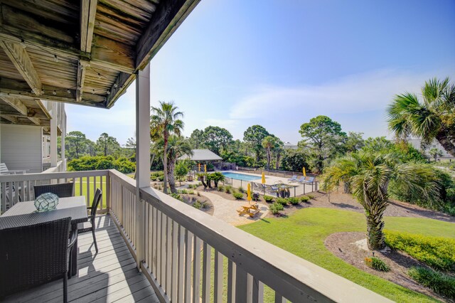 balcony with a fenced in pool