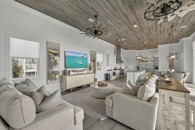 living room featuring light wood-type flooring, wooden ceiling, and ceiling fan