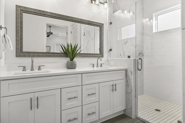 bathroom featuring vanity and a shower with shower door