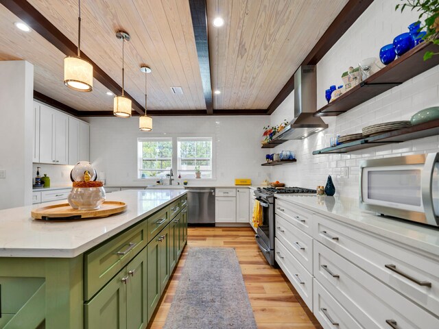 kitchen featuring wall chimney range hood, wood ceiling, a kitchen island, and green cabinetry