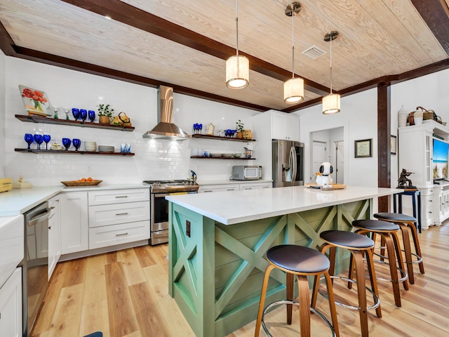 kitchen with wall chimney range hood, appliances with stainless steel finishes, tasteful backsplash, and white cabinetry