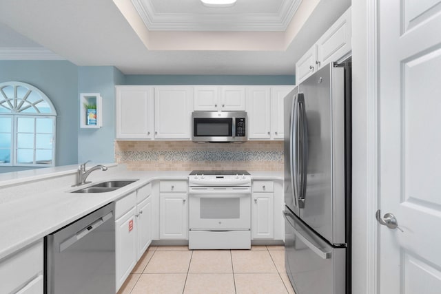 kitchen featuring stainless steel appliances, a raised ceiling, crown molding, and sink