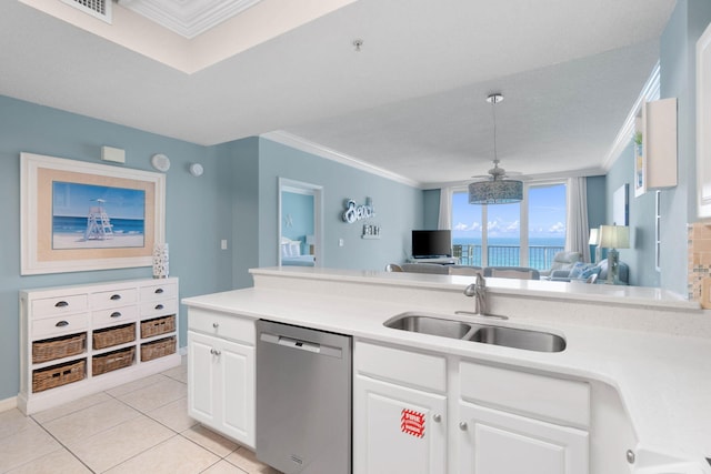 8573 Gulf Blvd Unit 703, Navarre, FL 32566 - kitchen with stainless steel dishwasher, a sink, open floor plan, ceiling fan, and light countertops