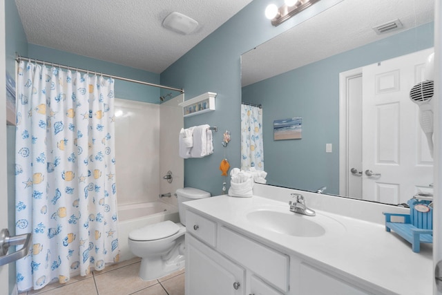 full bathroom with a textured ceiling, toilet, vanity, tile patterned floors, and shower / tub combo