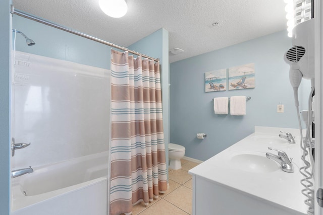 full bathroom with shower / bathtub combination with curtain, a textured ceiling, tile patterned floors, toilet, and vanity