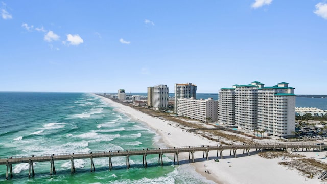 birds eye view of property featuring a view of the beach and a water view