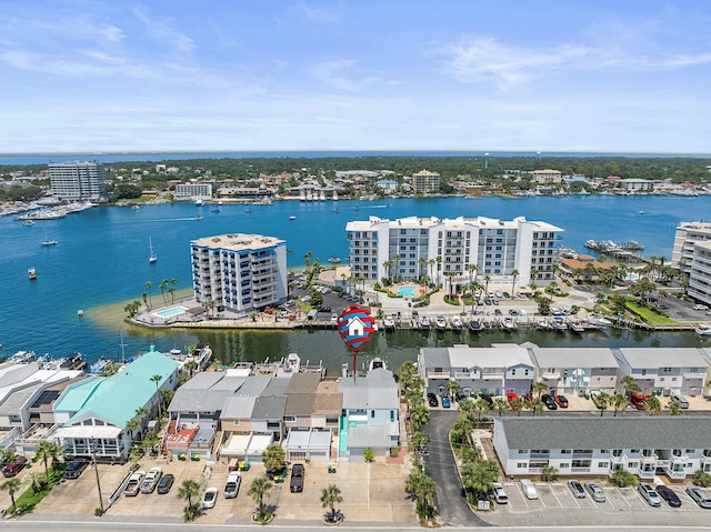 drone / aerial view with a water view