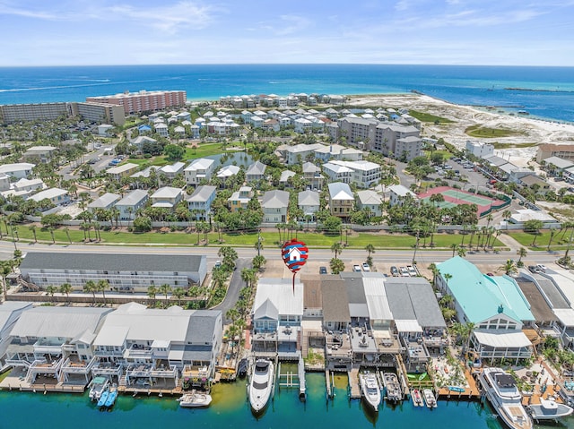 birds eye view of property featuring a water view