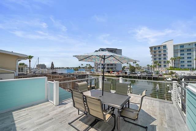 deck featuring a water view