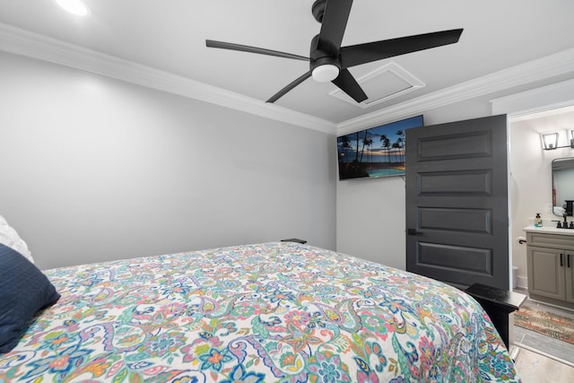 bedroom featuring ornamental molding, ceiling fan, and light wood-type flooring