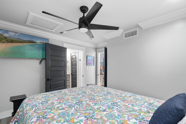 bedroom with ornamental molding and ceiling fan