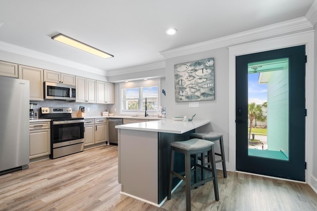 kitchen with crown molding, appliances with stainless steel finishes, kitchen peninsula, and a breakfast bar area