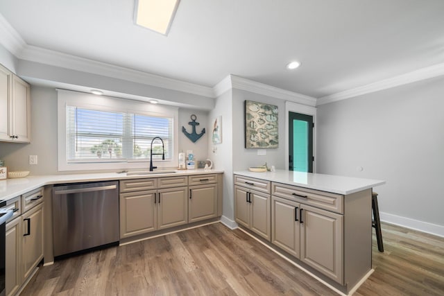 kitchen with sink, stainless steel dishwasher, dark hardwood / wood-style floors, and kitchen peninsula