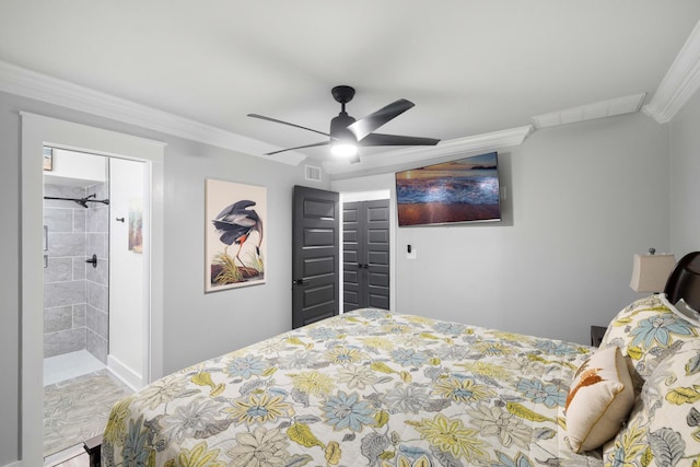 bedroom featuring ornamental molding, ensuite bathroom, and ceiling fan