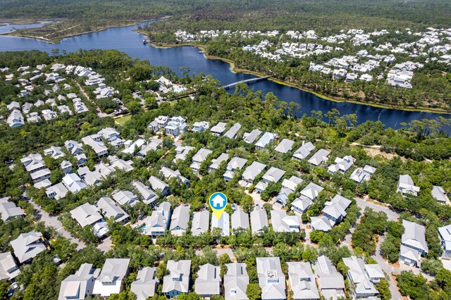 bird's eye view with a water view