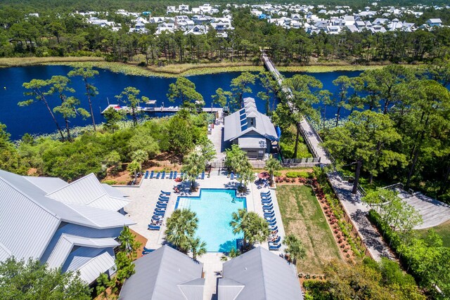 drone / aerial view with a water view