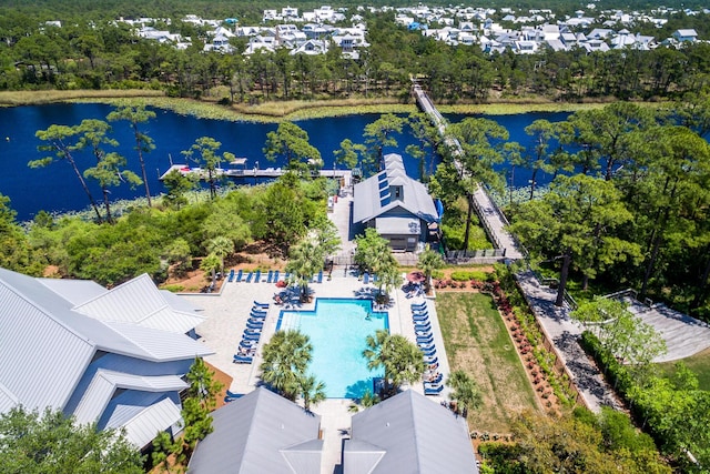 drone / aerial view with a water view